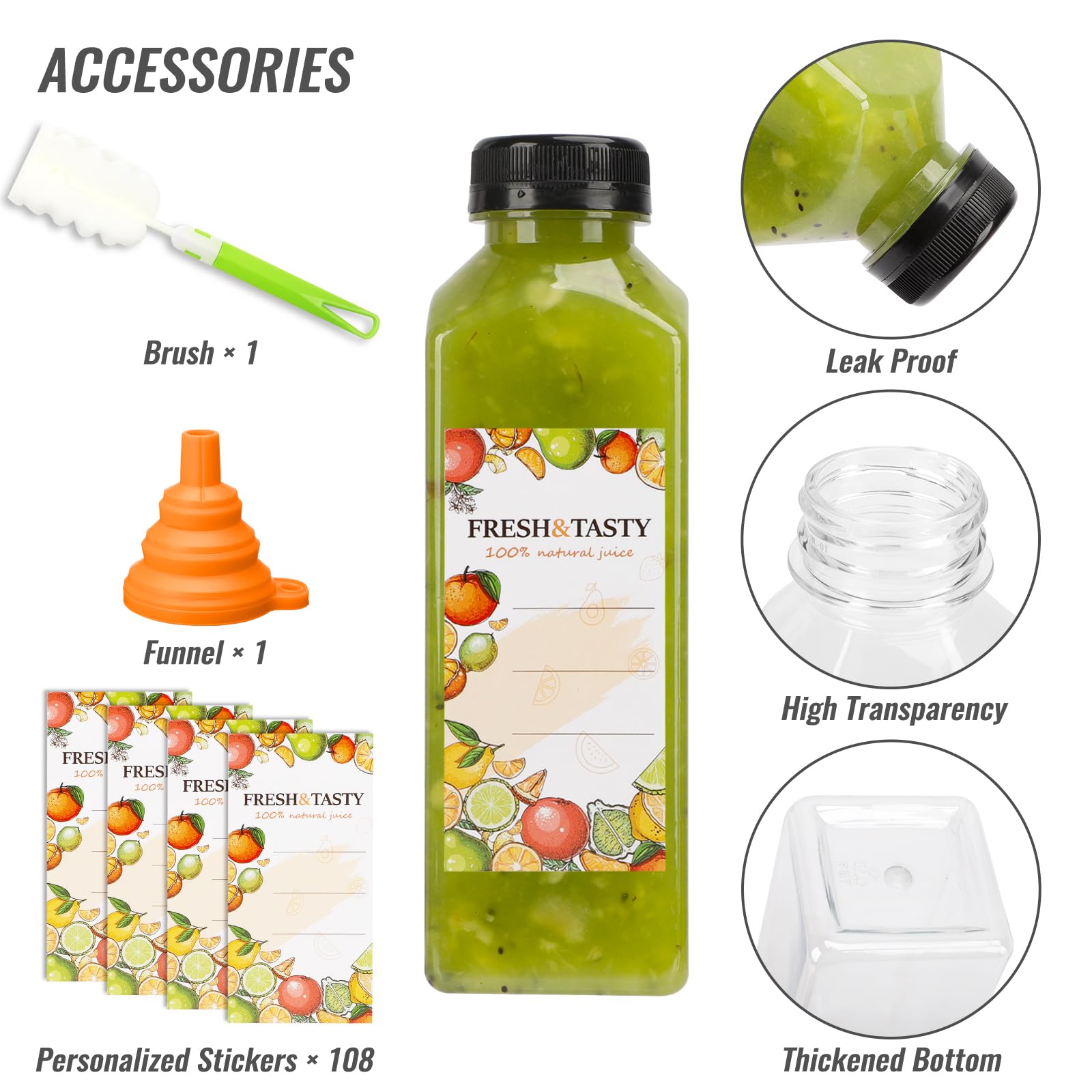 Tomnk juice bottle includes funnel and brush to simplify filling and cleaning.
