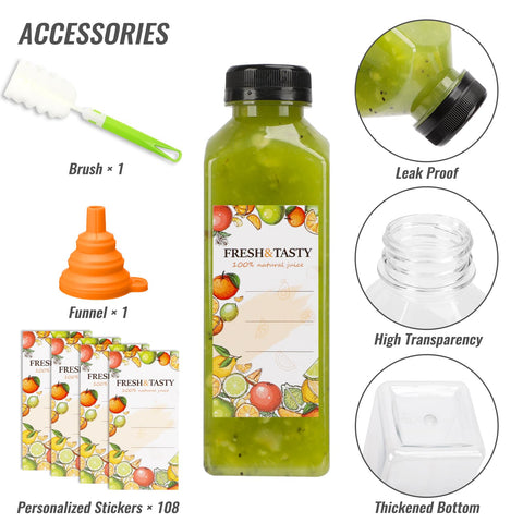 Tomnk juice bottle includes funnel and brush to simplify filling and cleaning.