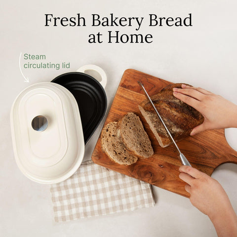 TOMO loaf release close-up demonstrates non-stick enamel on the baking surface