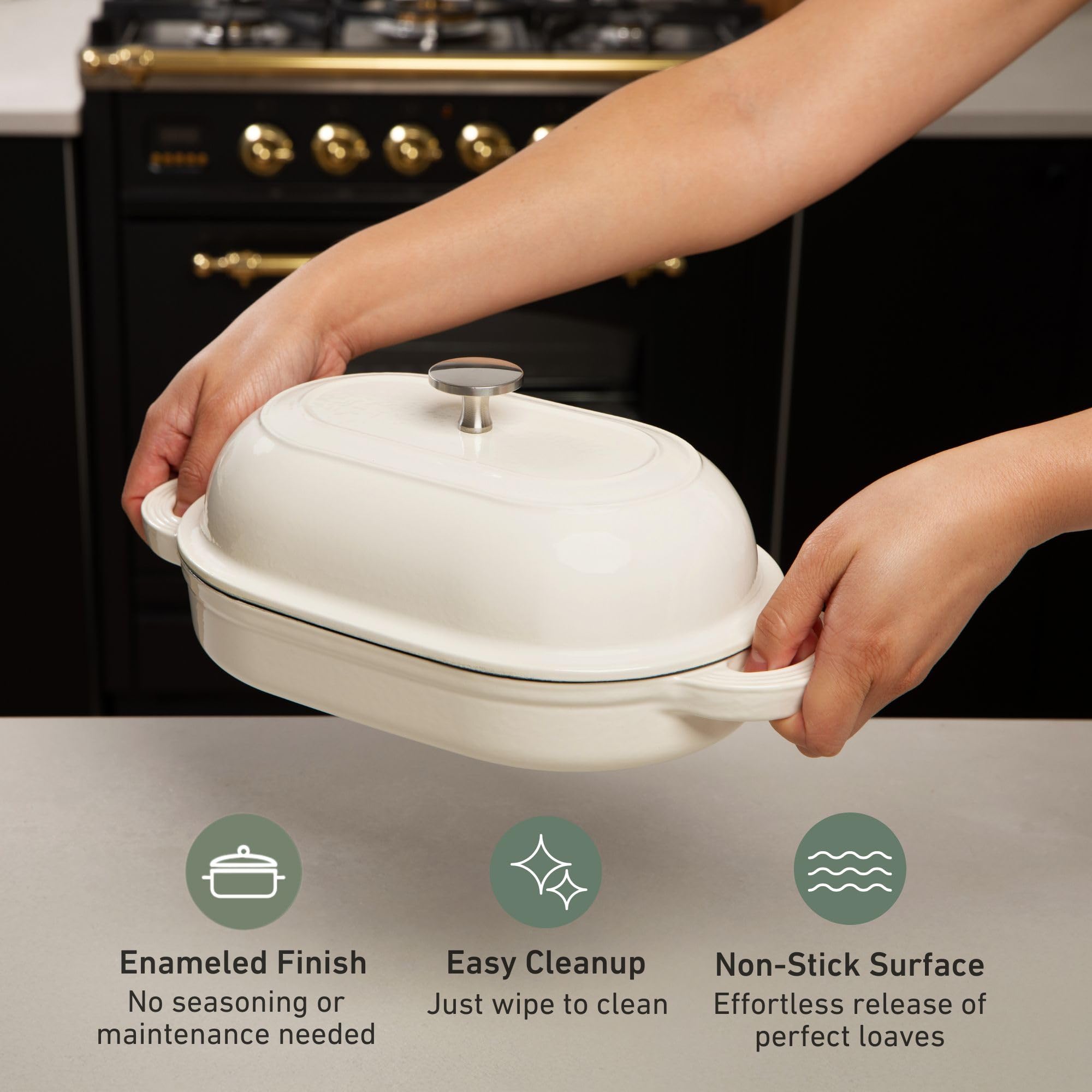 TOMO enamel finish provides easy release and quick cleanup after baking