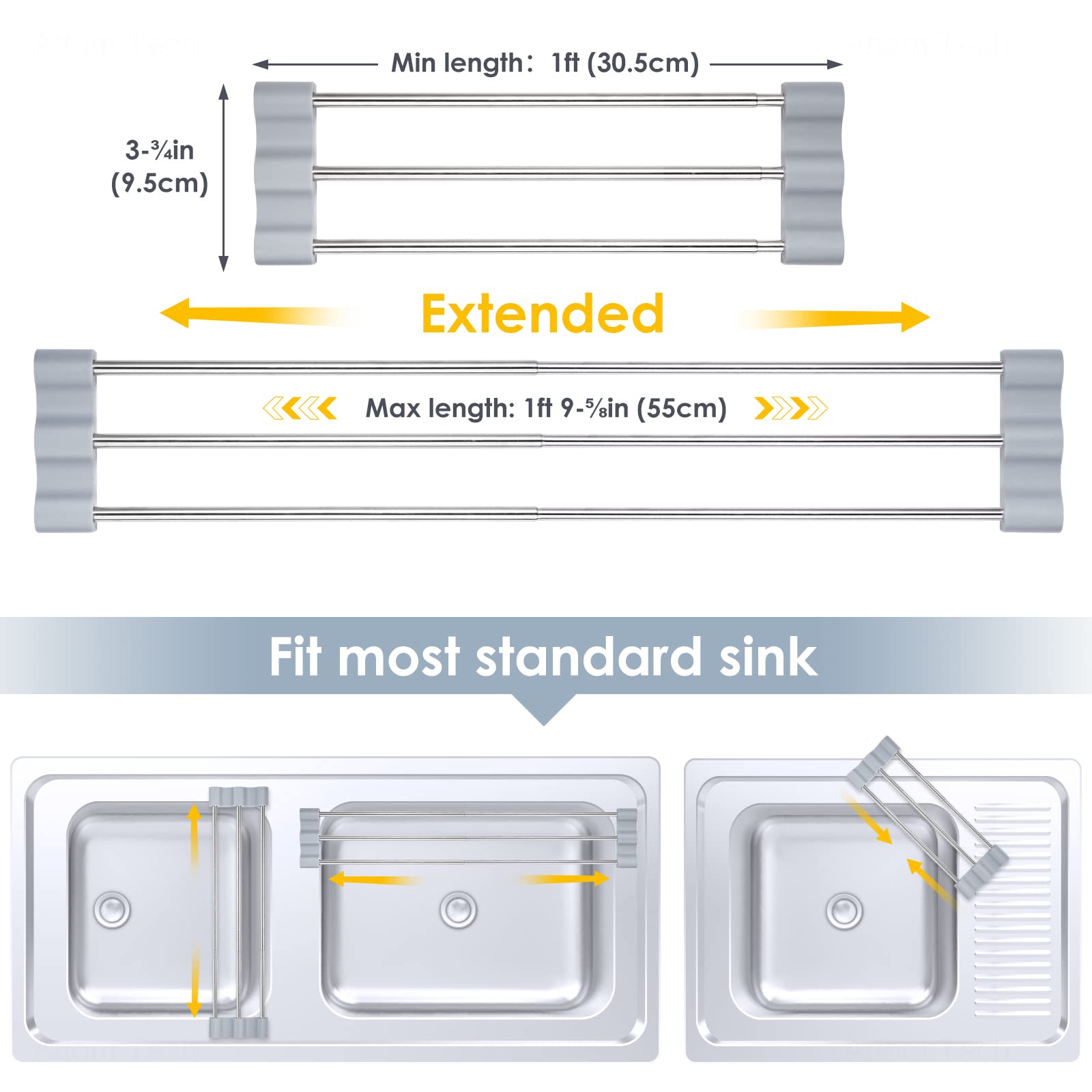 Tomorotec kitchen sink extension rail showing adjustable length for different sink sizes