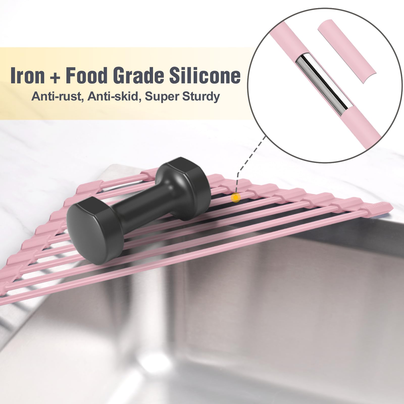 Tomorotec pink foldable drying rack shown rolled out for countertop use.