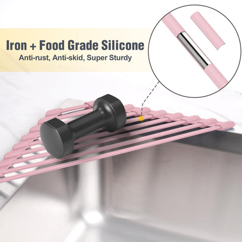 Tomorotec pink foldable drying rack shown rolled out for countertop use.