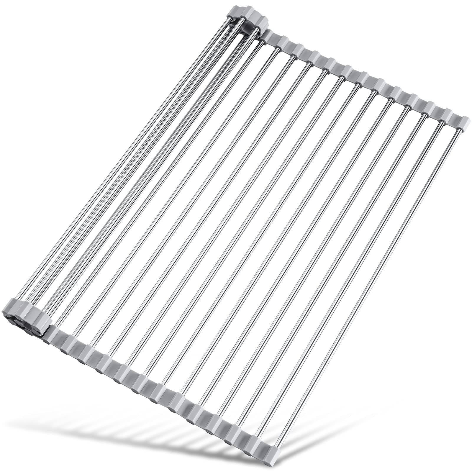 Tomorotec over-sink roll-up rack in grey drying dishes efficiently.