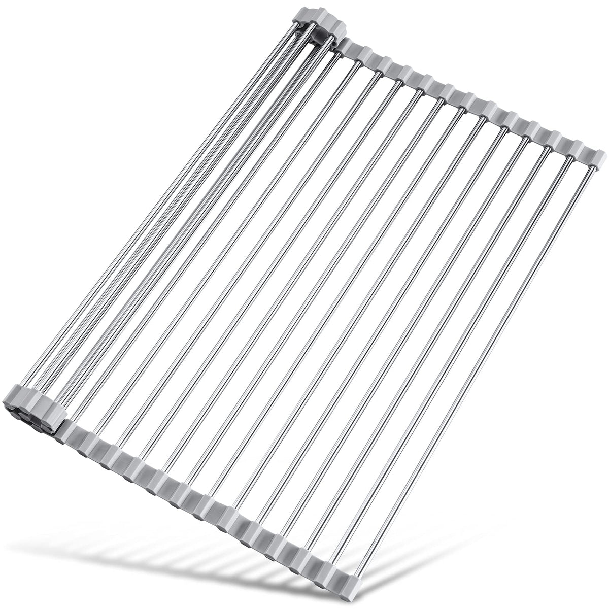 Tomorotec over-sink roll-up rack in grey drying dishes efficiently.