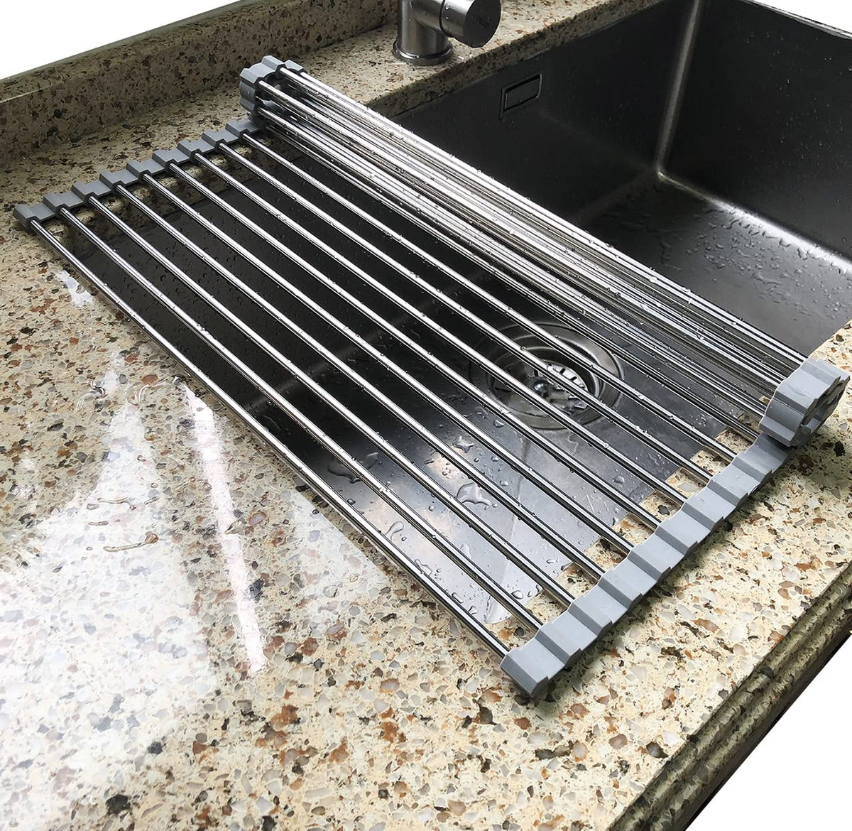 Tomorotec roll-up rack over sink showing space-saving design for drying and rinsing