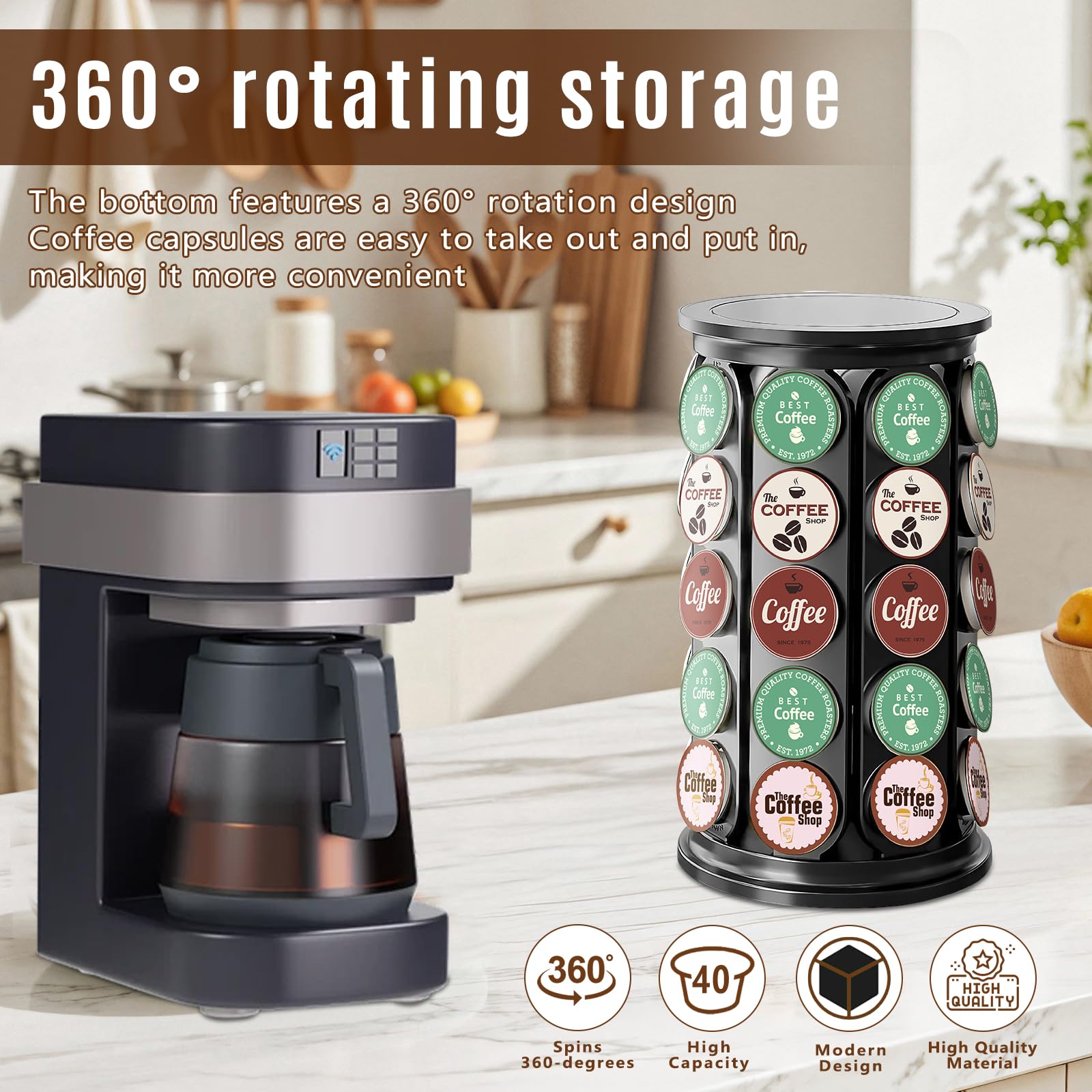 Tomshub fits standard K-Cup pods of varying heights securely.