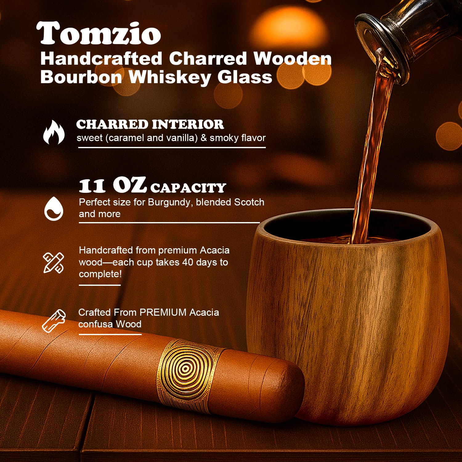 Tomzio acacia whiskey tumbler 11oz close-up, highlighting premium craftsmanship.