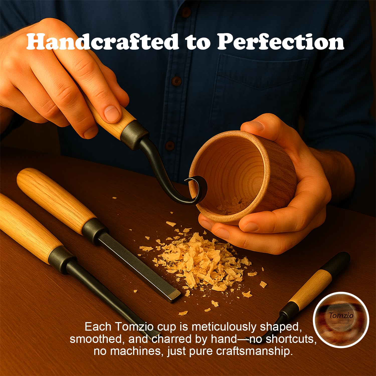 Tomzio charred wood finish close-up with vanilla-smoked aroma cue.