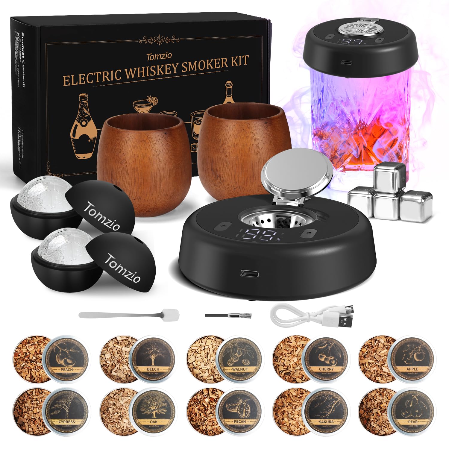 Tomzio electric whiskey smoker kit pouring smoke for richer cocktails at home