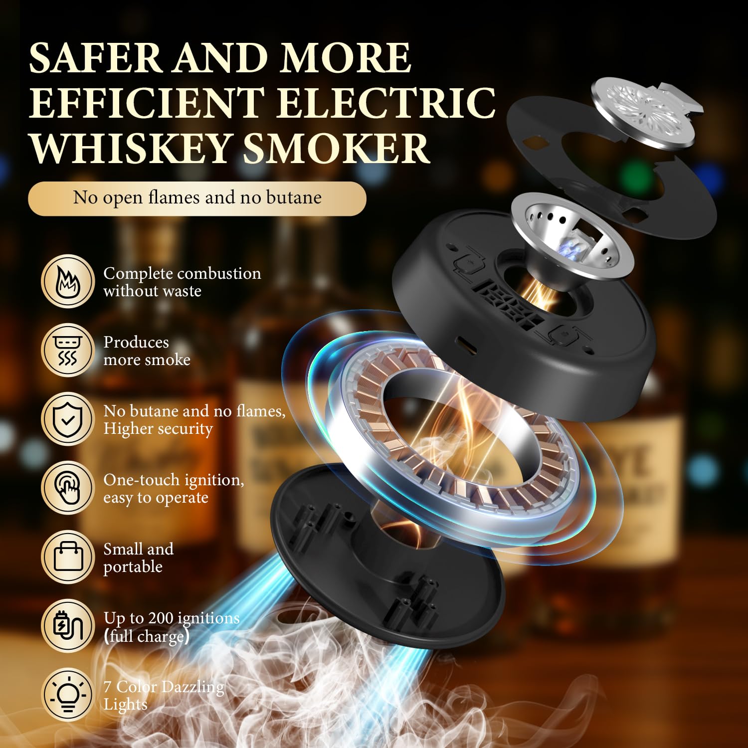 Tomzio smoker showing 7-color LED modes for ambient bar vibes