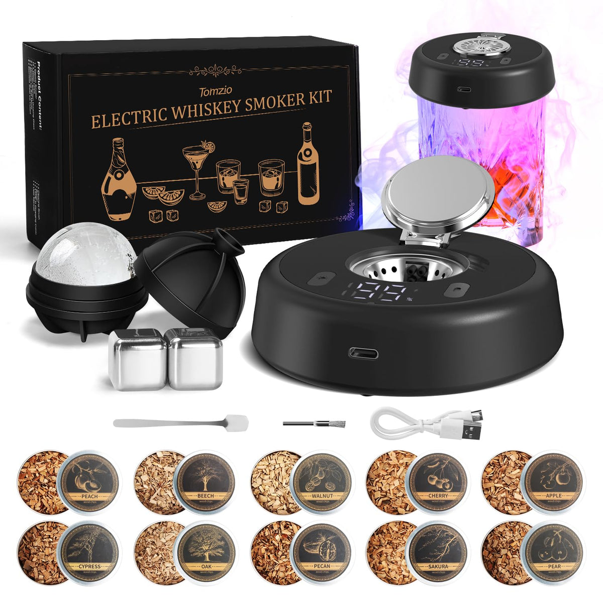 Tomzio electric whiskey smoker with torch-free design for safe, fast infusions