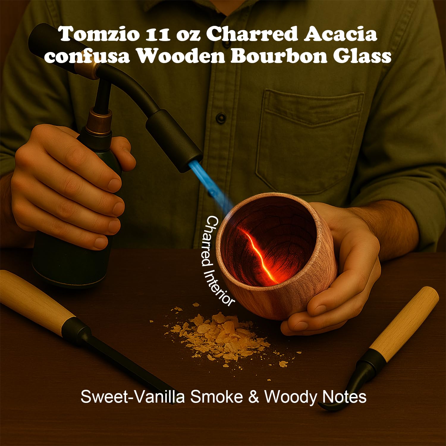 Tomzio hand holding glass for a warm, comfortable grip.