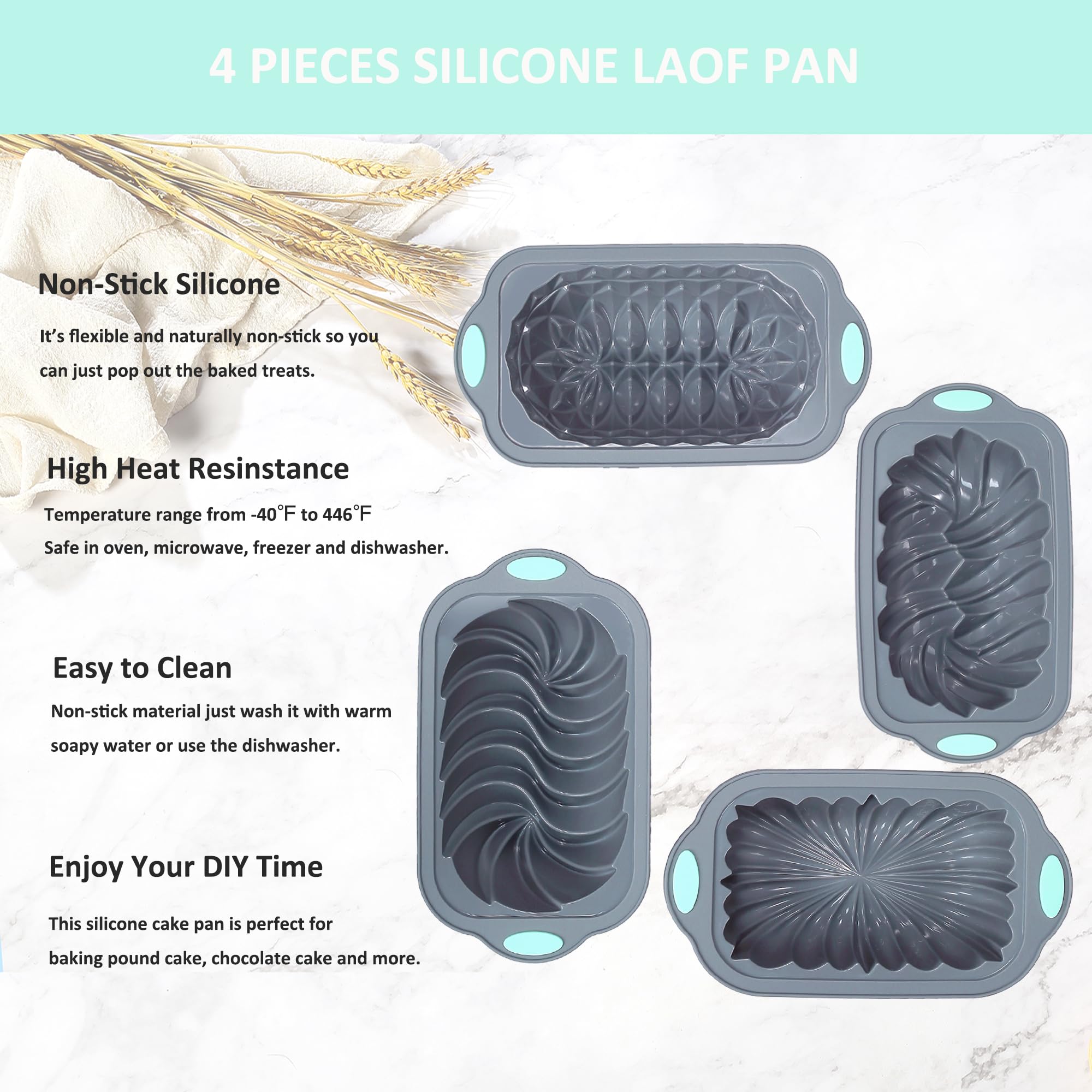 Tongjude 4-piece silicone loaf pan set, grey finish suits modern kitchens and stacks neatly