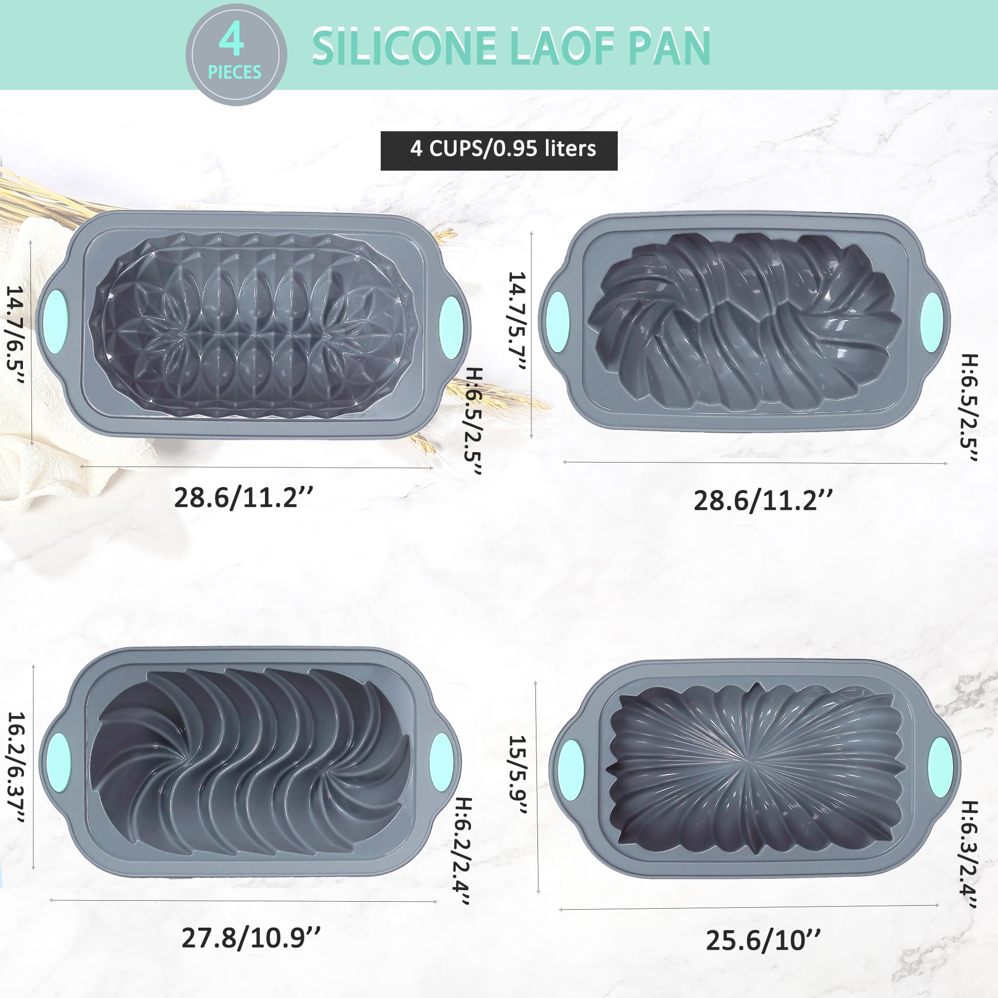 Tongjude 4-piece silicone loaf pan set, pound cake loaves cooling on rack