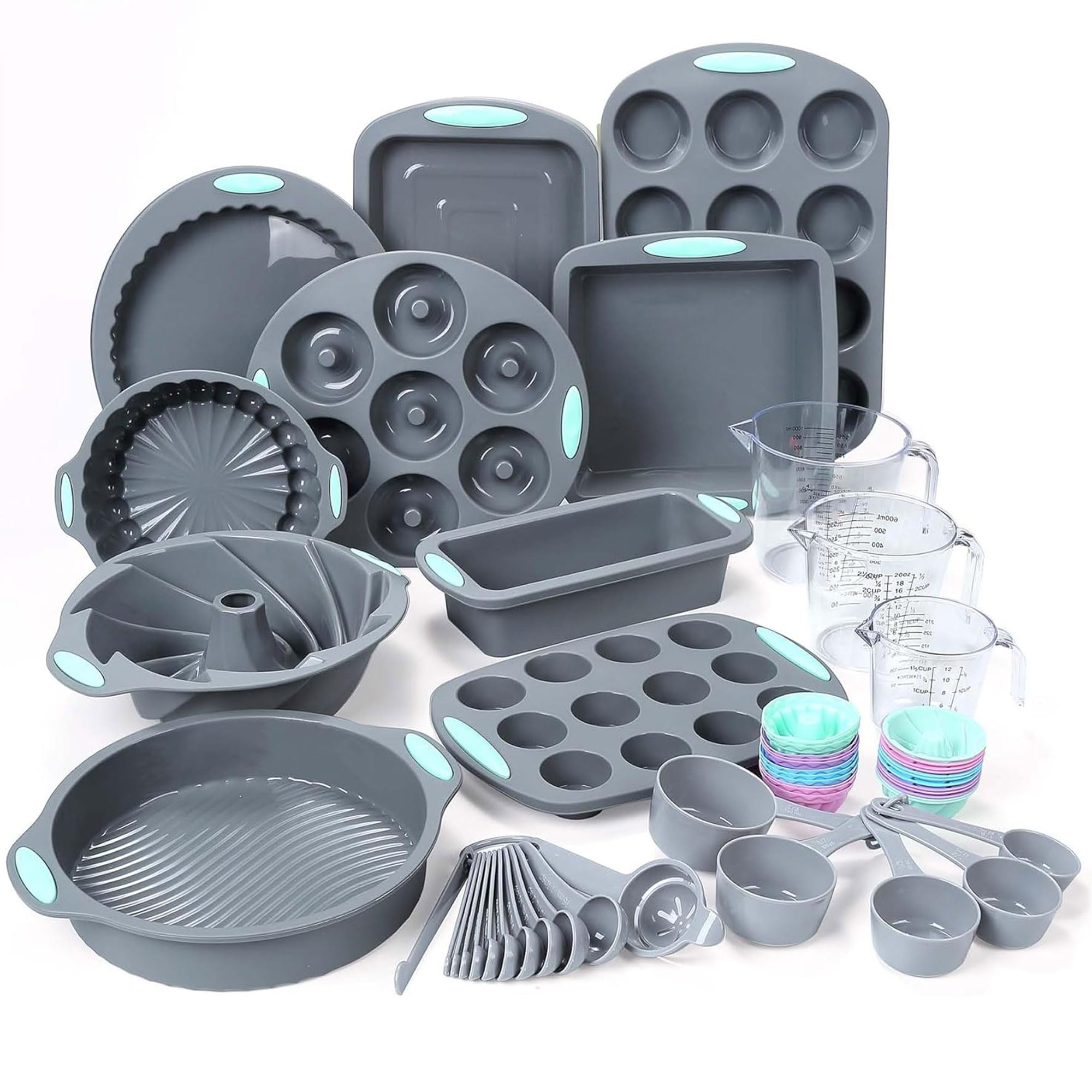 Tongjude 54-piece silicone baking pans set with easy release and versatile baking options.
