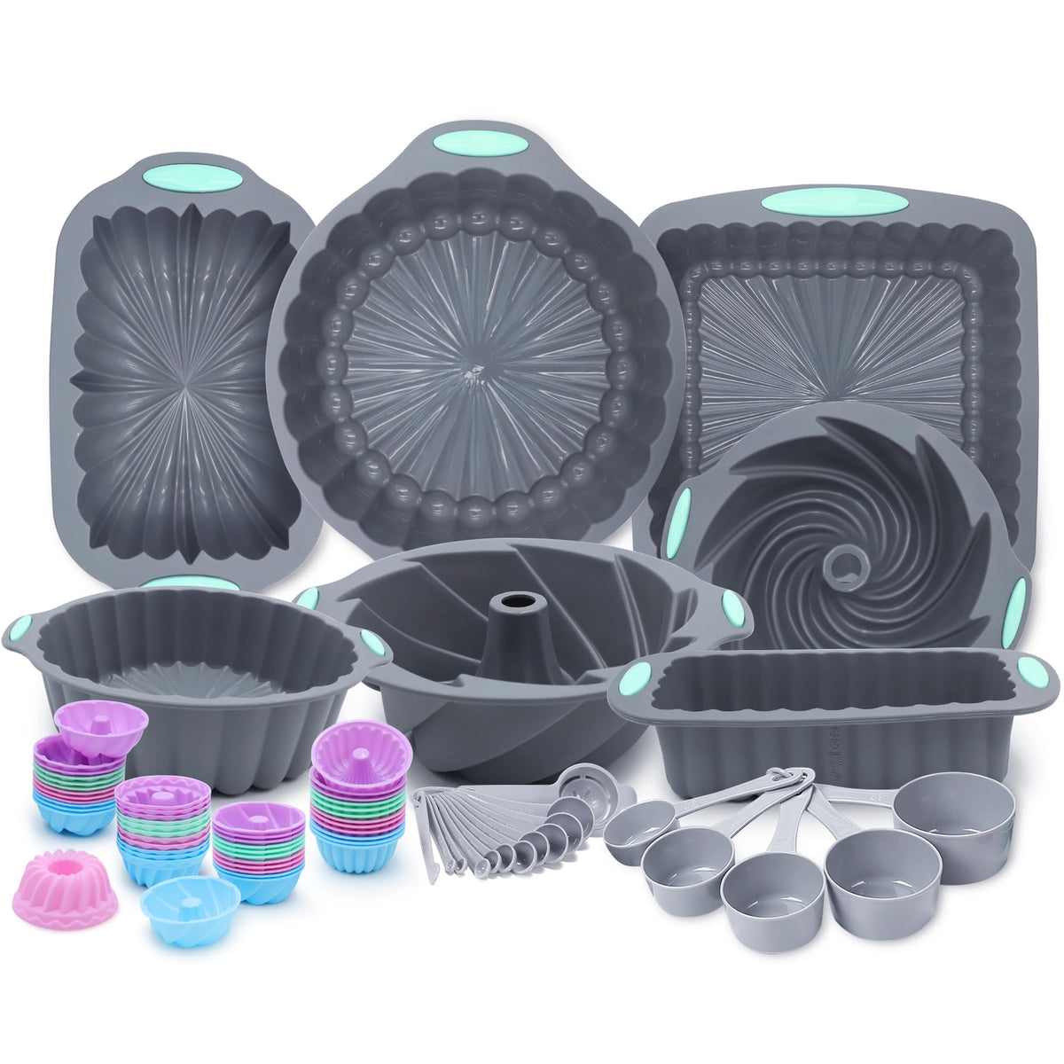 Tongjude 72-piece silicone bakeware set displayed for complete kitchen prep