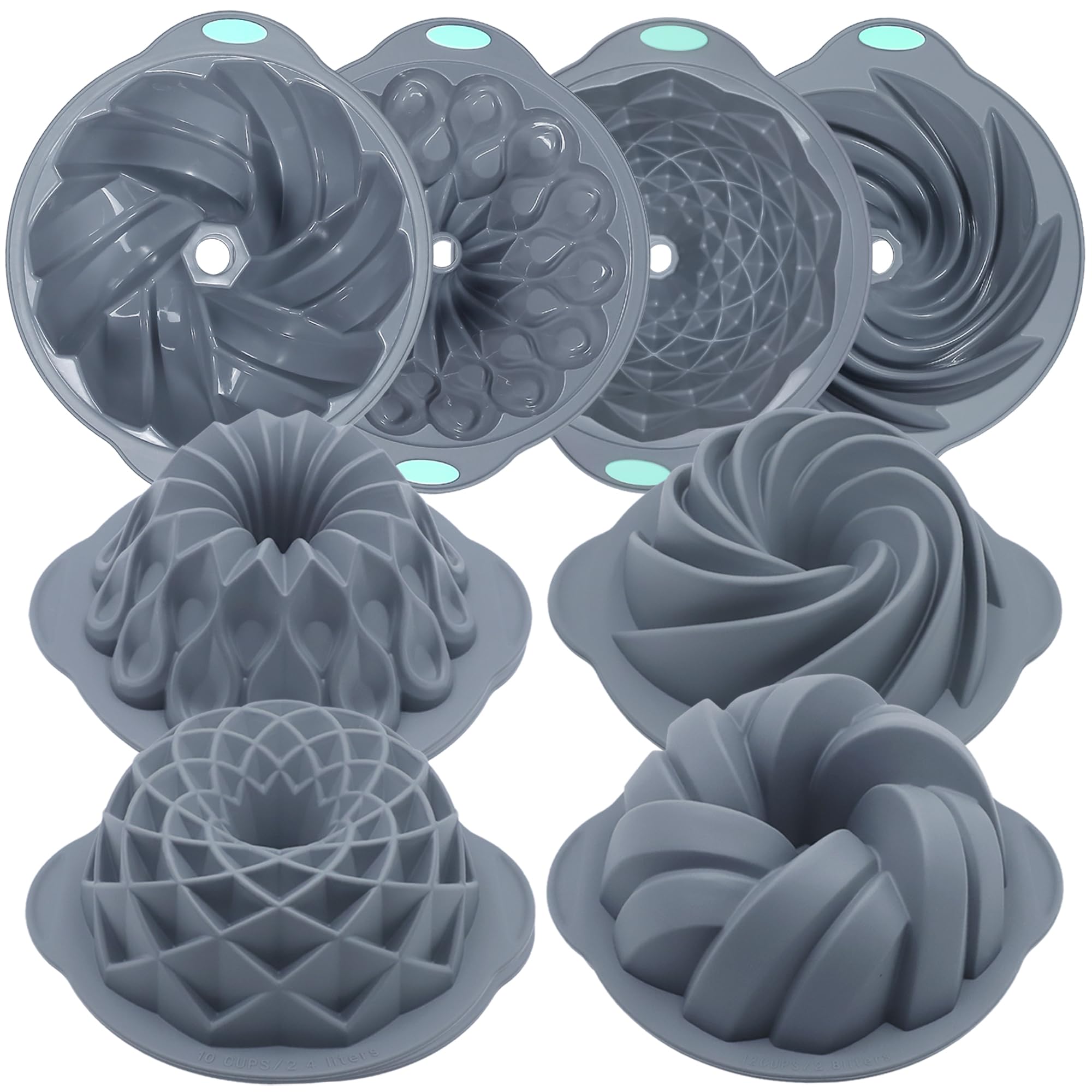 Tongjude silicone fluted pan set showing 6-cup tube pan for even baking and easy release