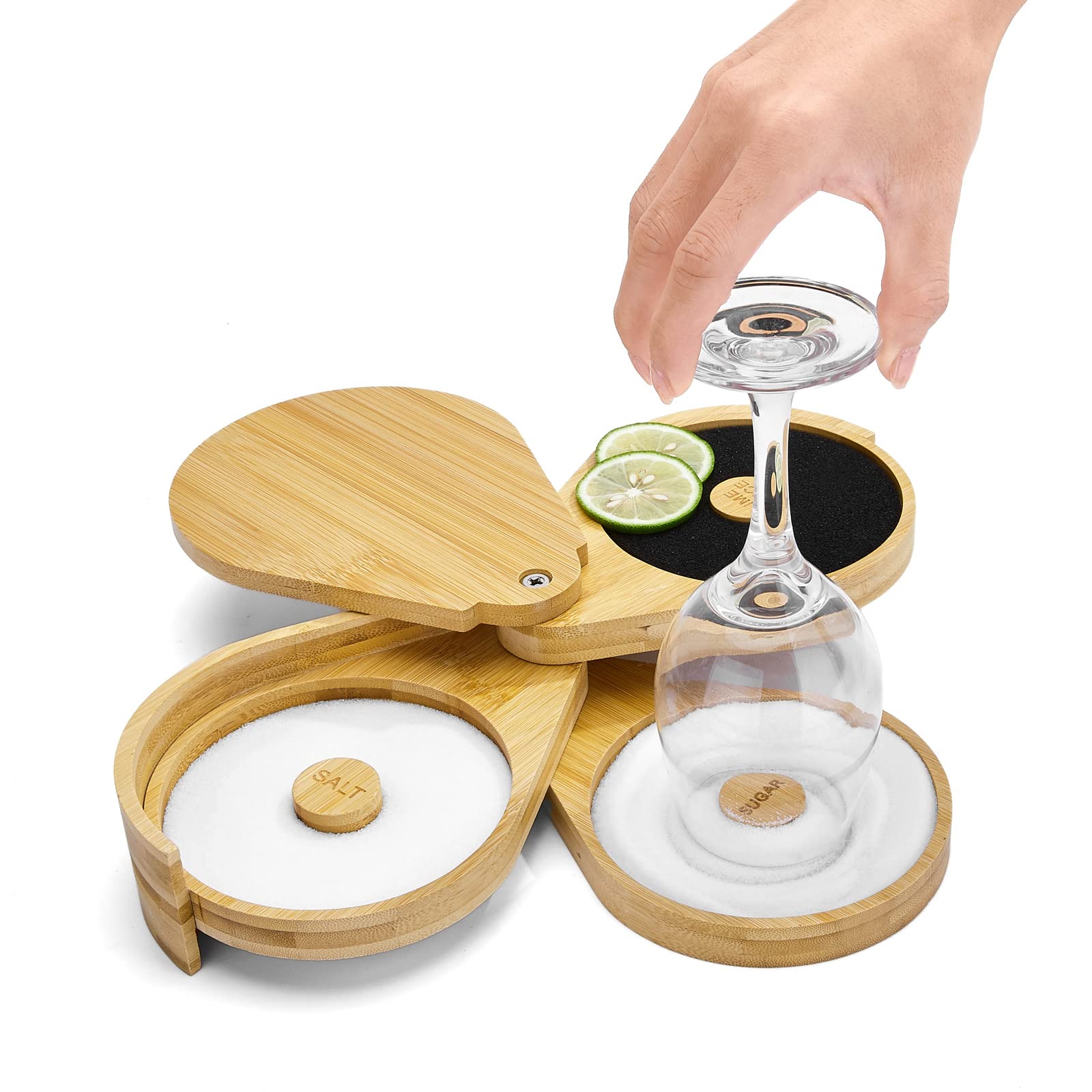 TonJin Margarita Salt Rimmer with a 3-tier bamboo design for organized rimming.
