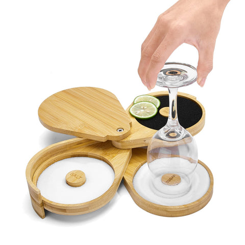 TonJin Margarita Salt Rimmer with a 3-tier bamboo design for organized rimming.