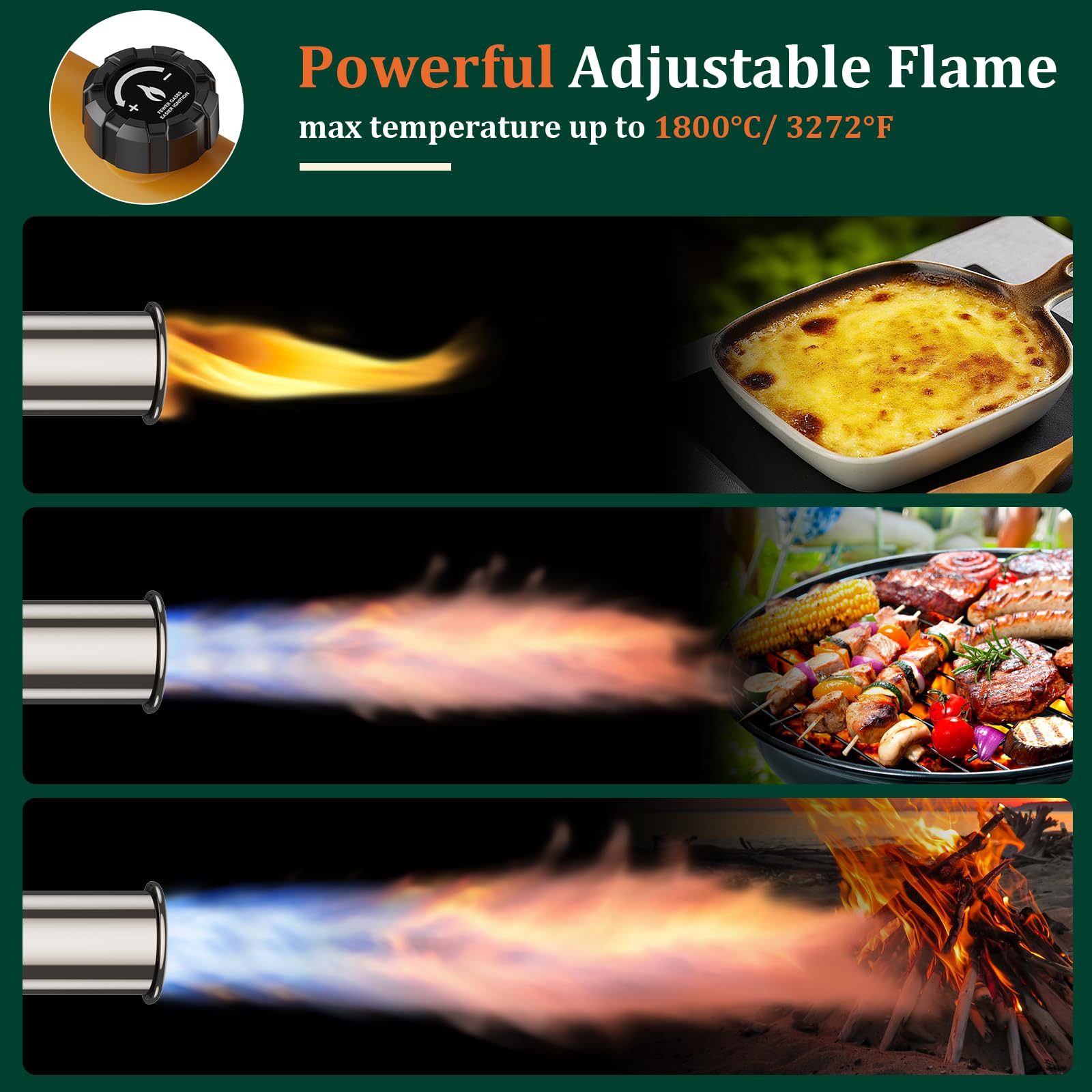 TONYFUL torch at high heat ideal for fast searing and outdoor use