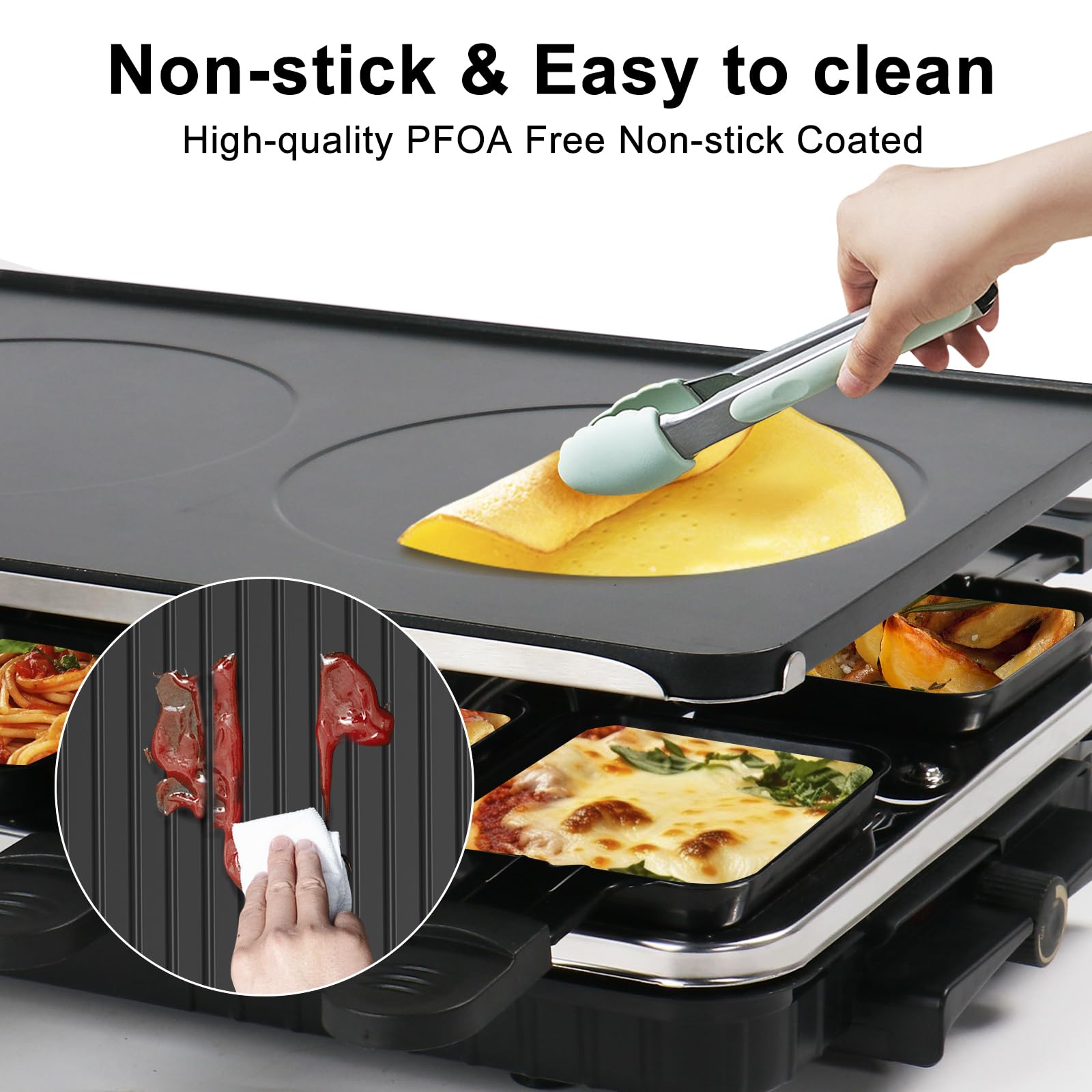 Eight raclette pans included for customizable, shared meals