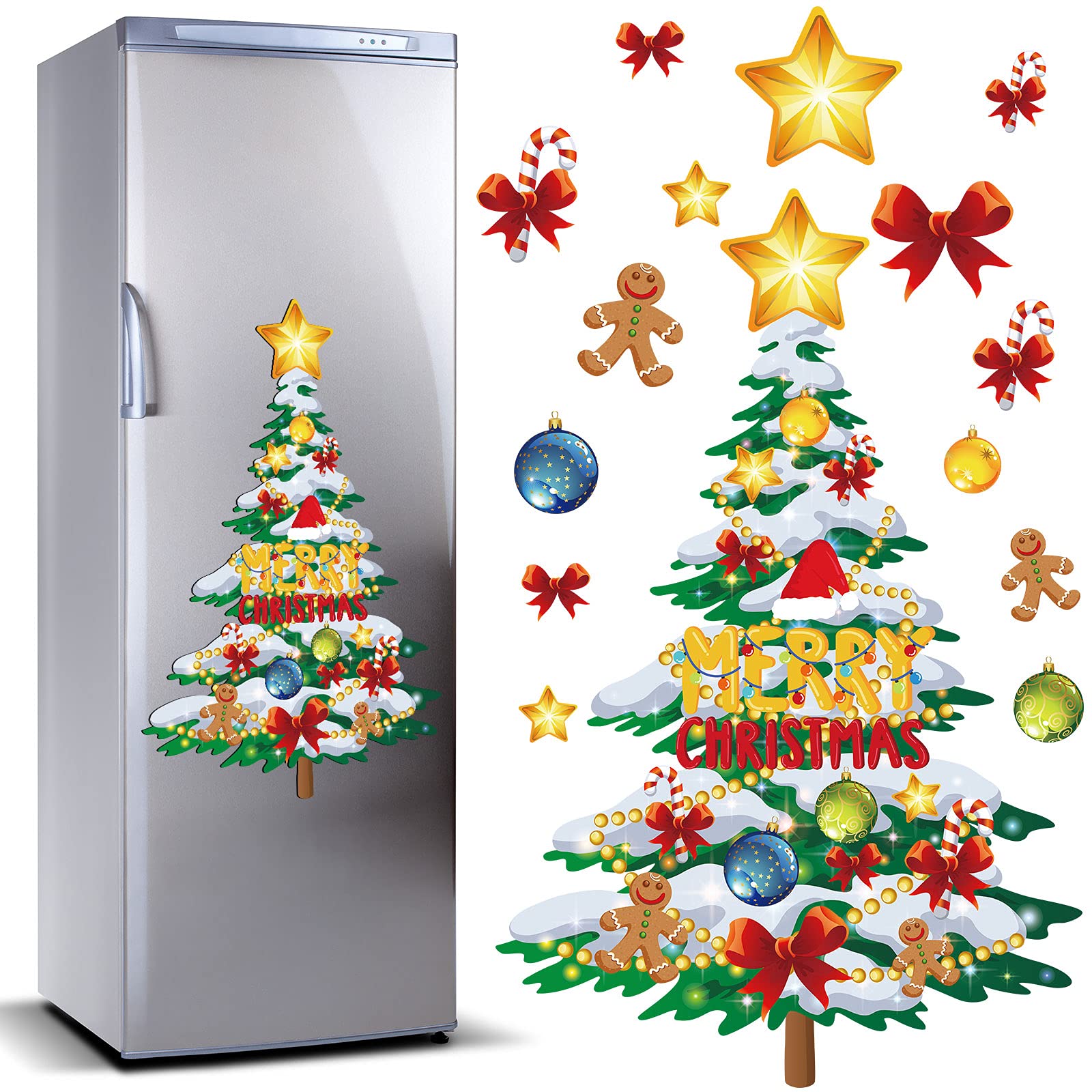 TOODOO Christmas tree magnet assembly showing eight-part DIY kit for fridge decor
