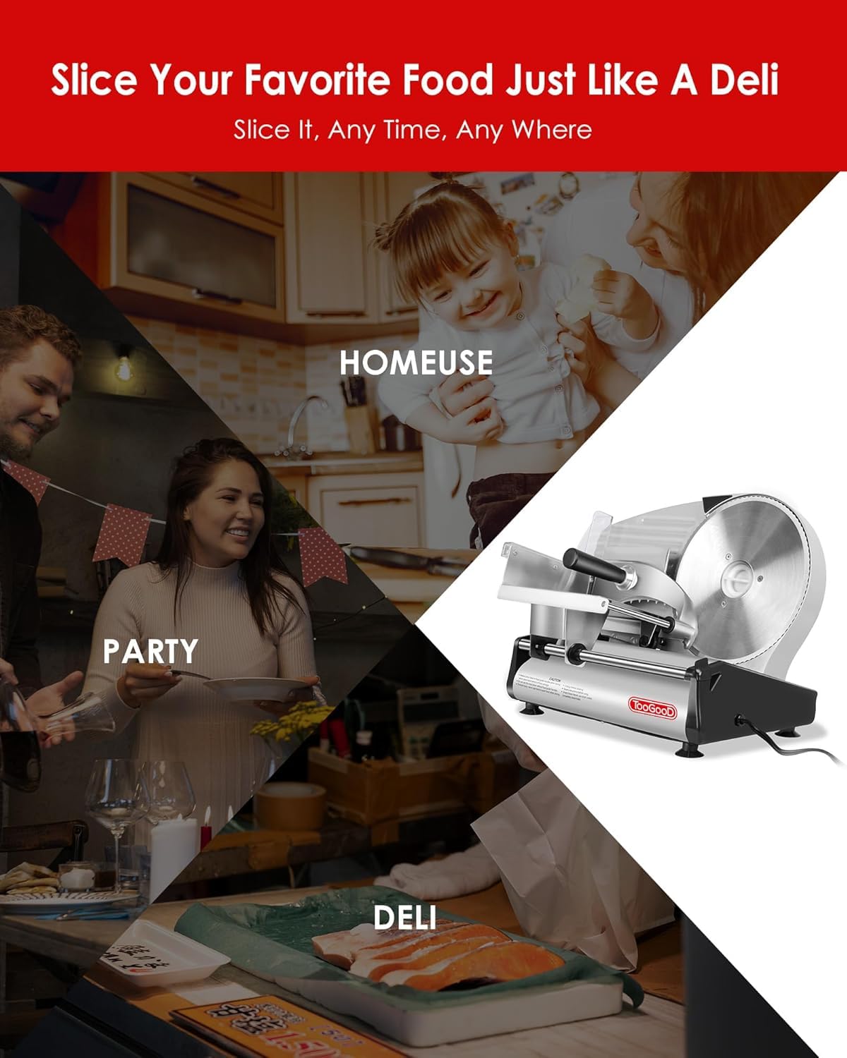 TOOGOOD 8.7-inch blade enables efficient roasts and cold cuts.