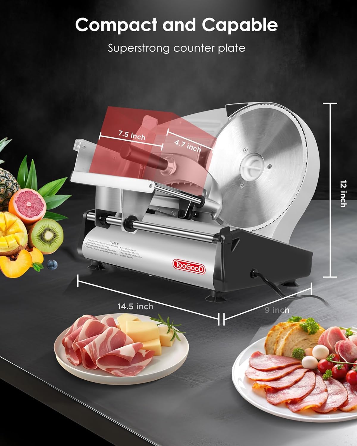 TOOGOOD meat slicer on a clean kitchen counter ready for everyday use.