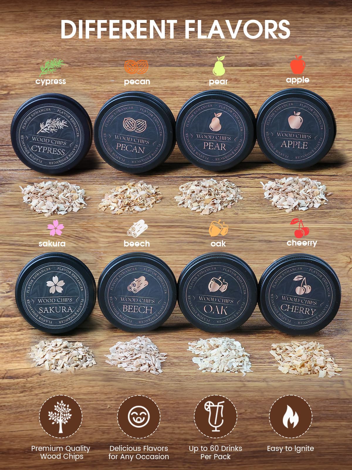 TOOKEBEEGO whiskey smoker kit wood chips display for rich smoky flavors.