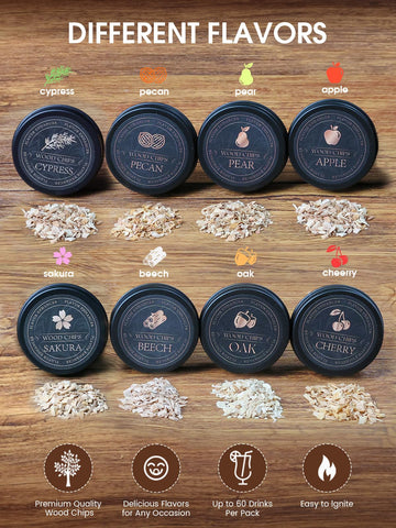 TOOKEBEEGO whiskey smoker kit wood chips display for rich smoky flavors.
