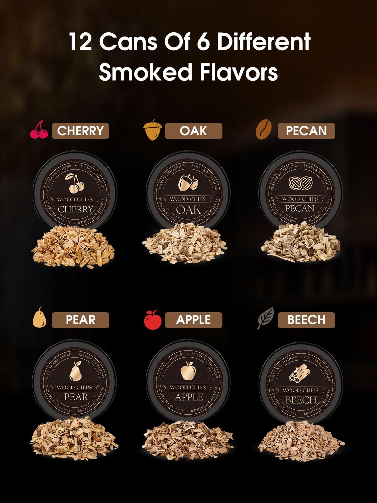 TOOKEBEEGO wood chips set showing six flavors for rich smoky infusions.