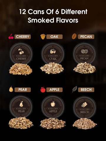 TOOKEBEEGO wood chips set showing six flavors for rich smoky infusions.