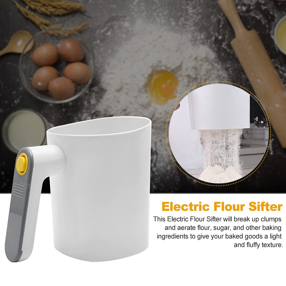 Tookie electric flour sifter battery-operated side view shows easy operation.