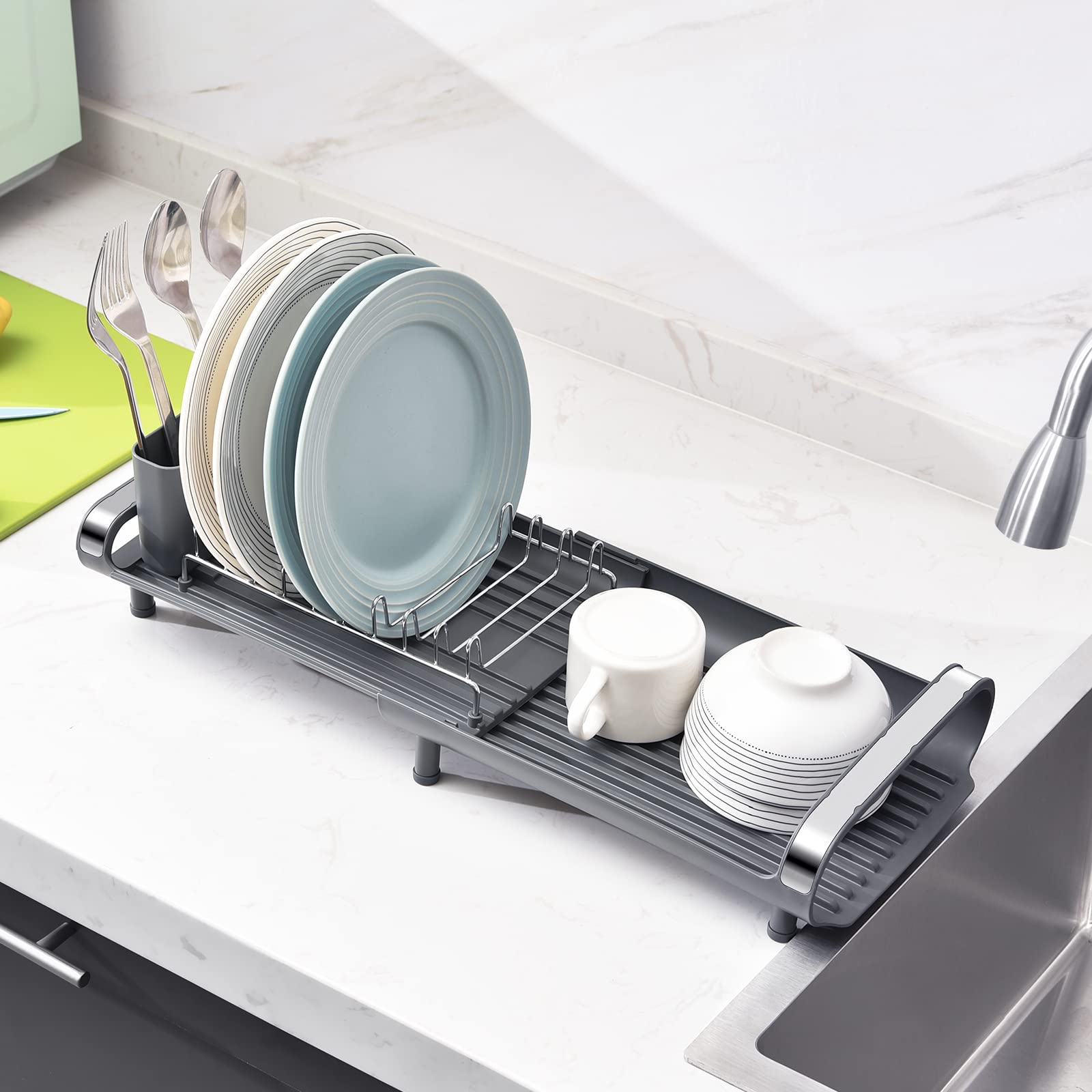 TOOLF dish rack on sink with non-slip feet protecting surfaces