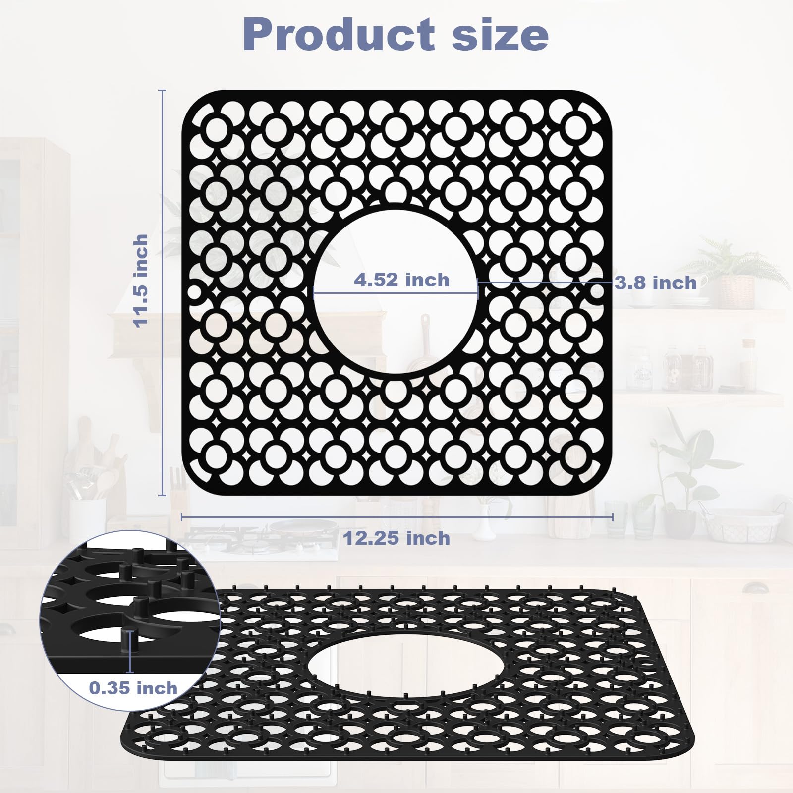 TOOVEM sink mat with center drain hole catches water and debris.