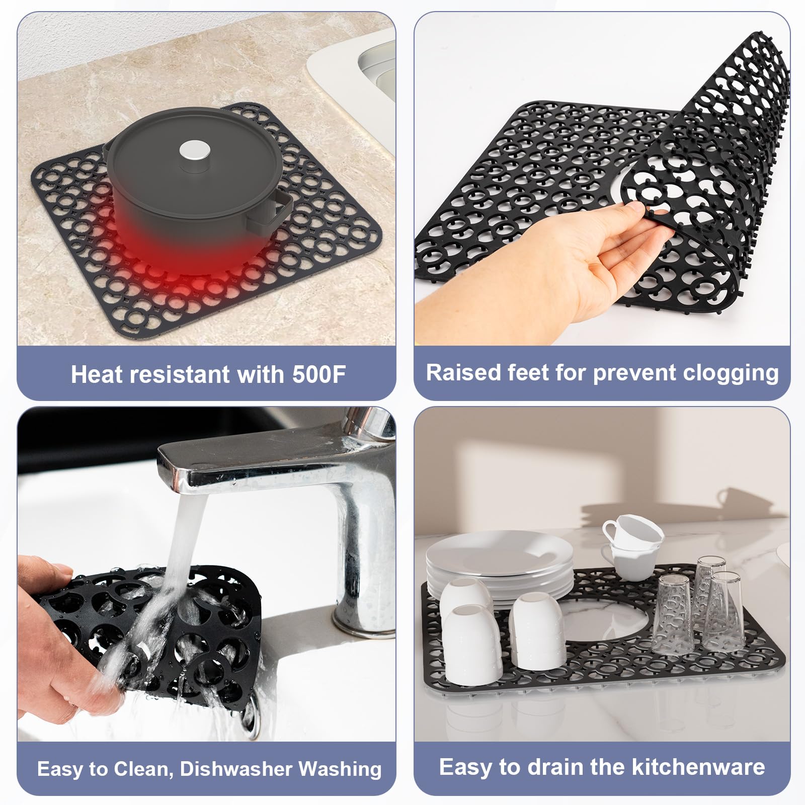 TOOVEM non-slip silicone sink mat prevents mat movement.