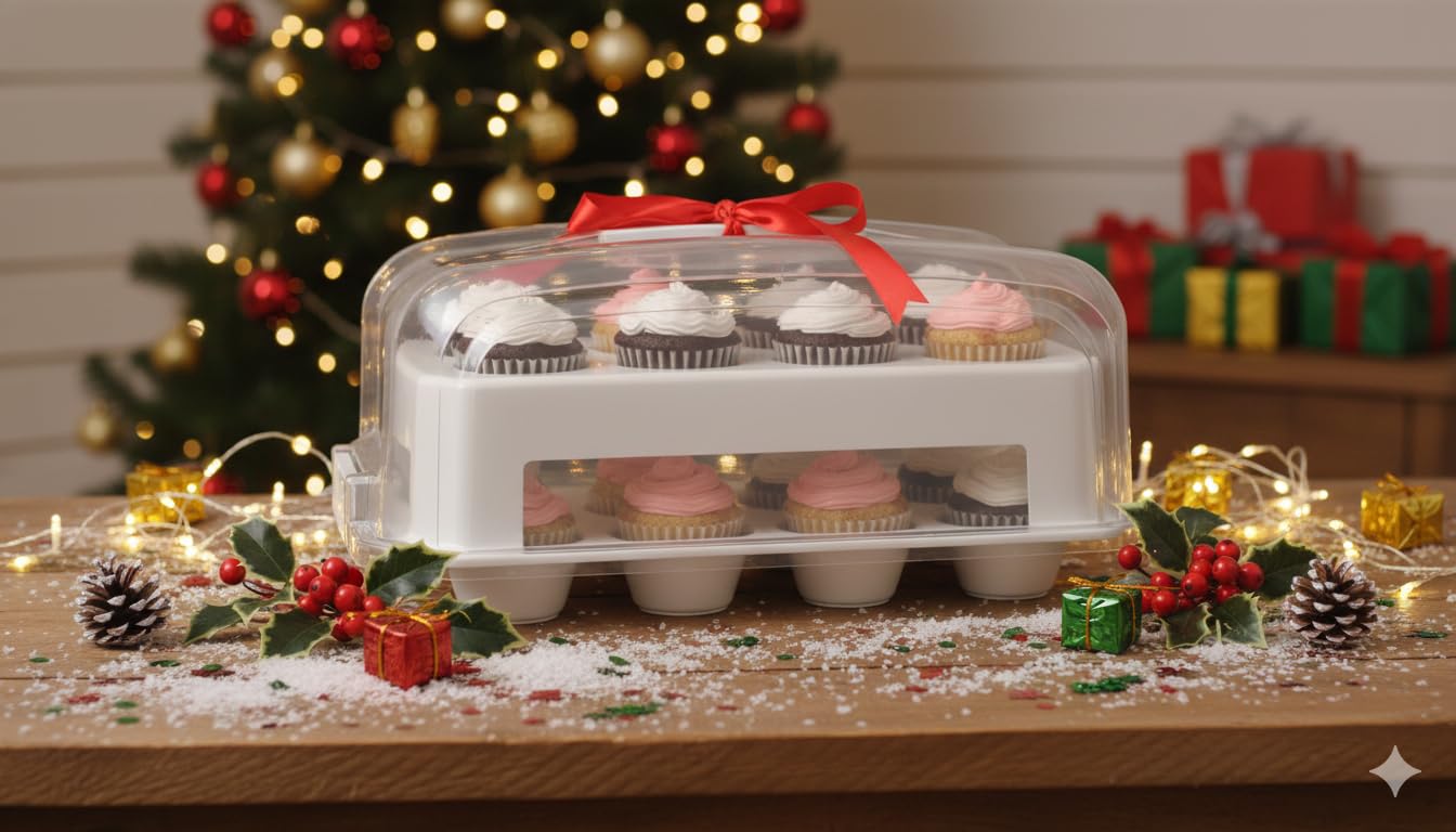 Top Shelf Elements cupcake carrier clear lid highlights treats for easy display.