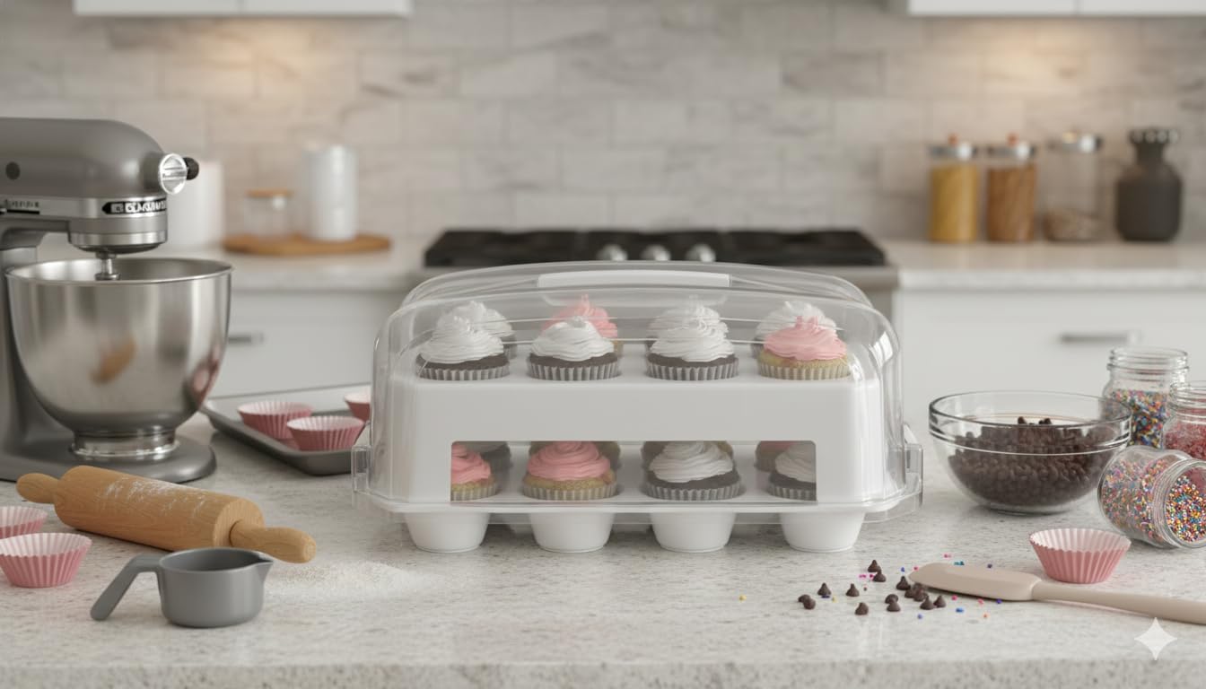 Top Shelf Elements 24-cupcake box is dishwasher-safe for quick cleanup.
