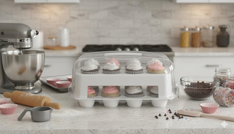 Top Shelf Elements 24-cupcake box is dishwasher-safe for quick cleanup.