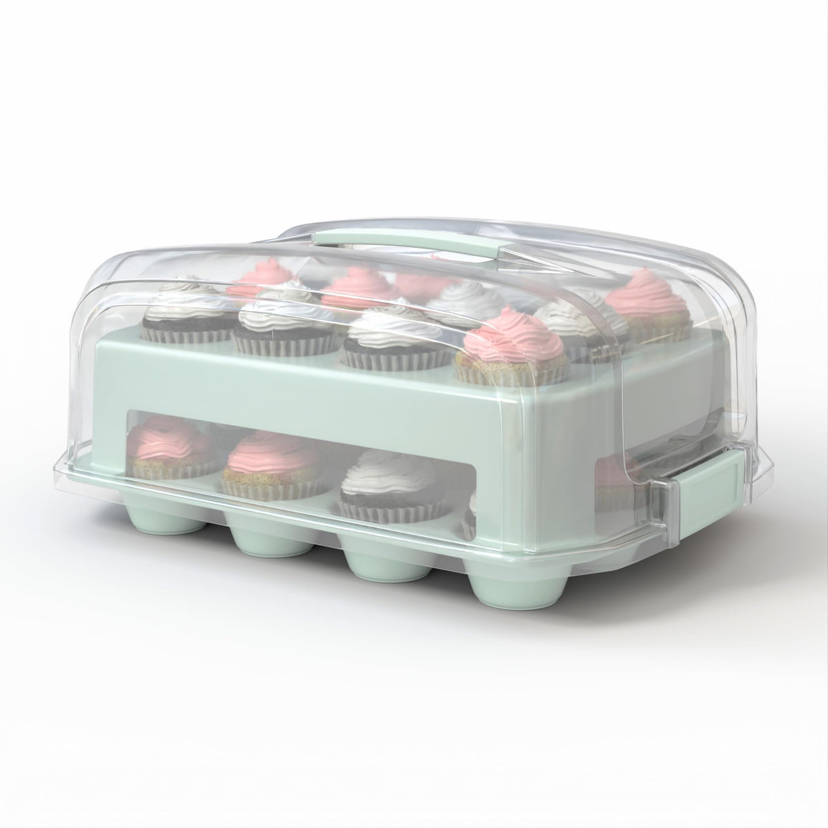 Top Shelf Elements cupcake carrier with extra tall green lid for stable transport of 24 cupcakes.