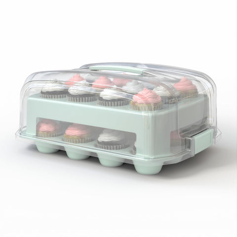 Top Shelf Elements cupcake carrier with extra tall green lid for stable transport of 24 cupcakes.