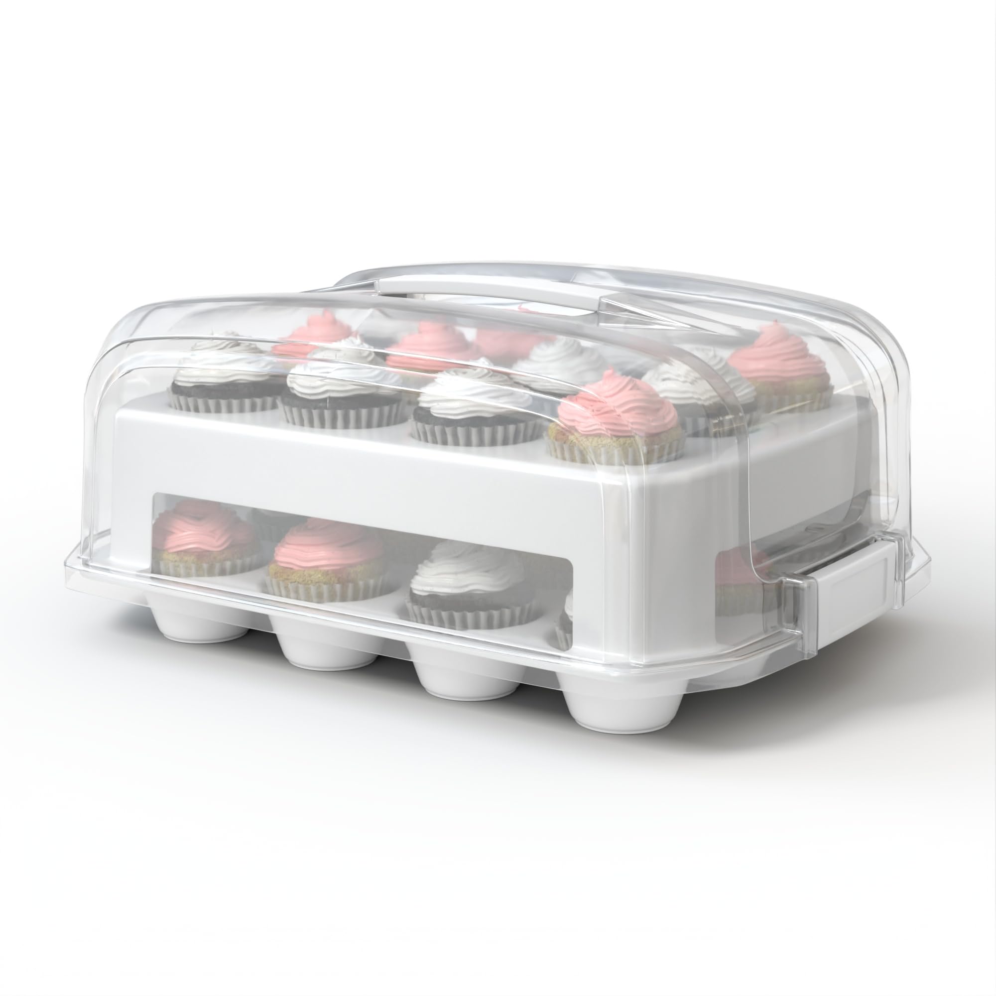 Top Shelf Elements cupcake carrier with extra-large lid guarding 24 cupcakes during transport.