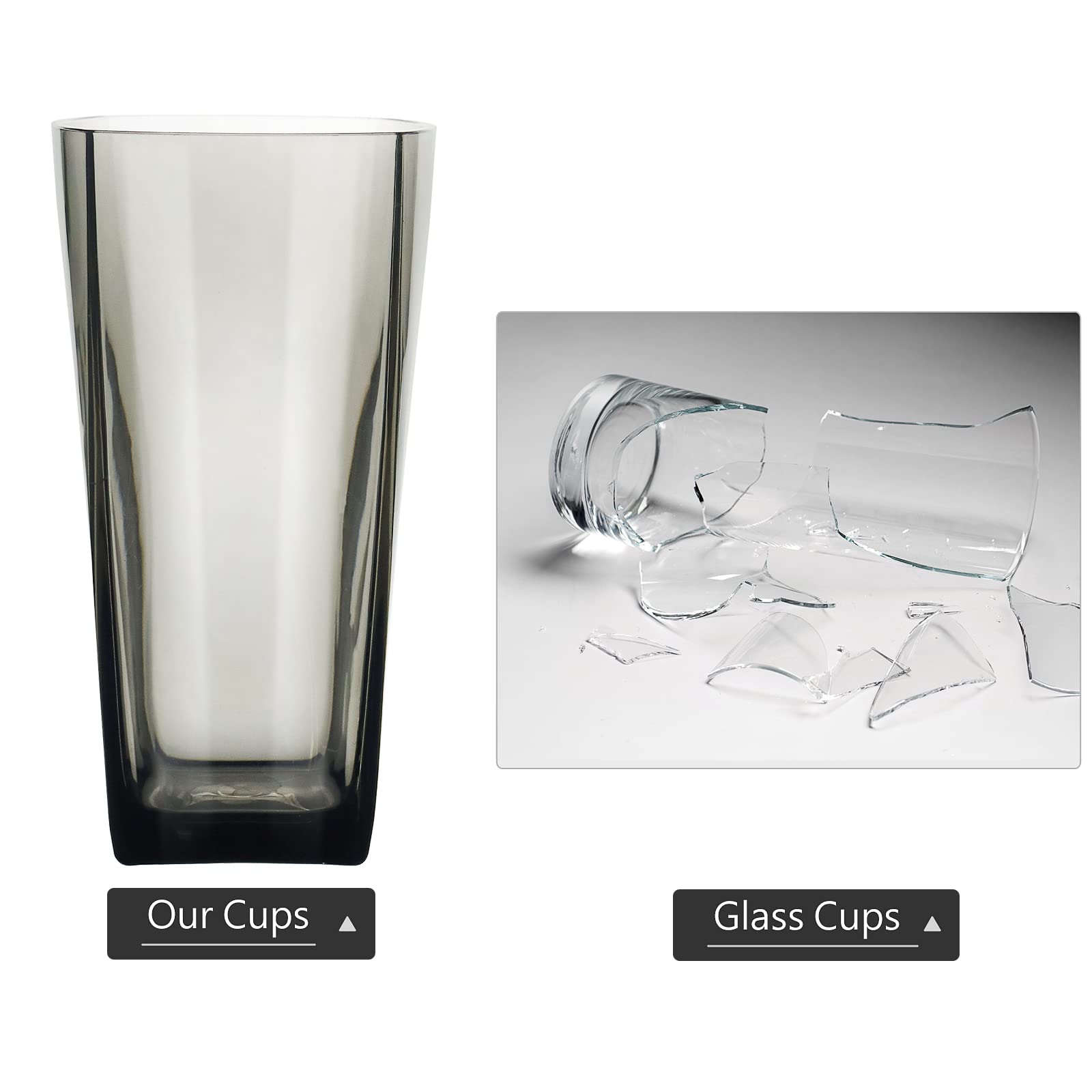 Top-spring glass-look plastic cups combine elegance with durable, break-safe construction.