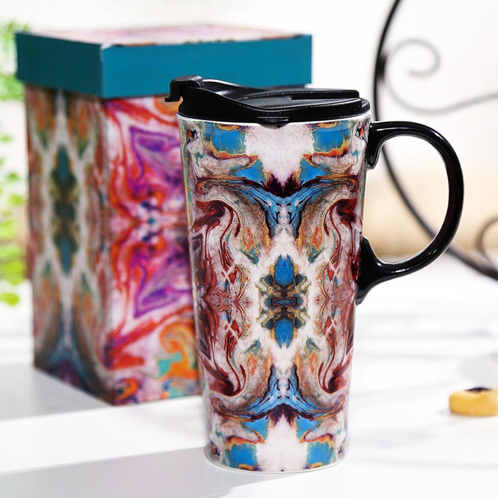 Topadorn boho mug with hand-painted pattern adding eclectic desk charm