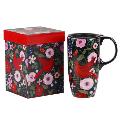 Topadorn Cardinal Bird Mug with lid front view for hot beverages on the go