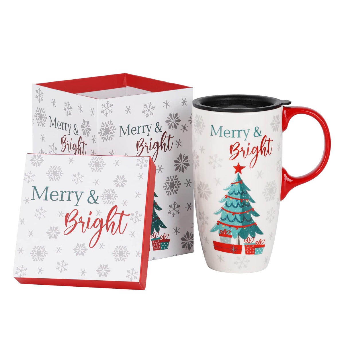 Topadorn ceramic coffee mug with lid and Christmas tree pattern for festive sipping.