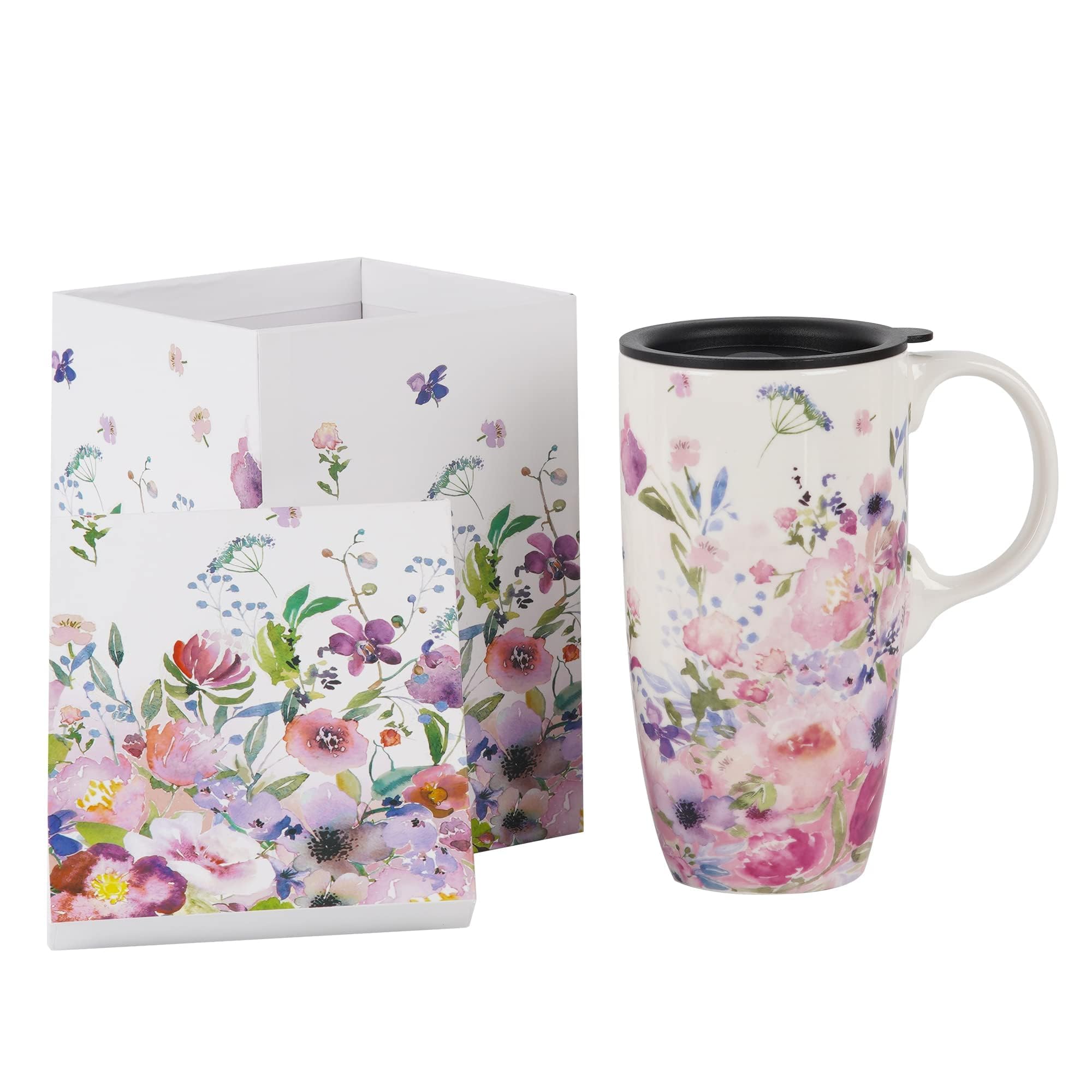Topadorn ceramic mug with pink flower design and lid for coffee or tea at home