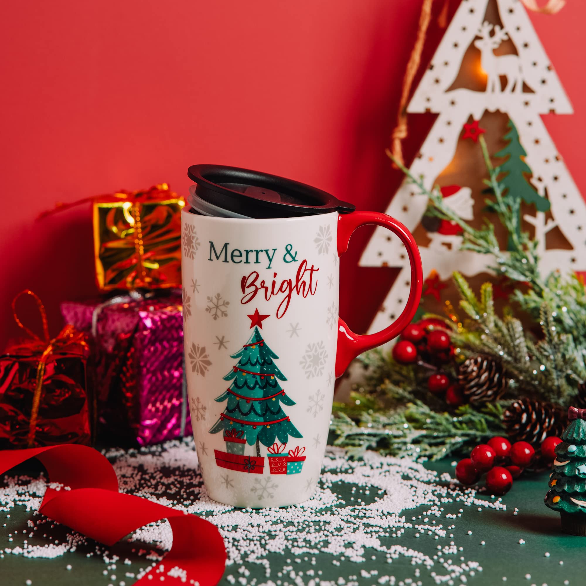 Topadorn tall ceramic mug with artful holiday motif.