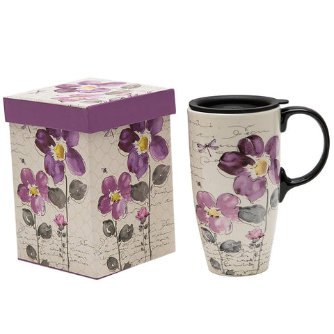 Topadorn tall ceramic travel mug with purple flower, perfect for hot or cold drinks on the go.